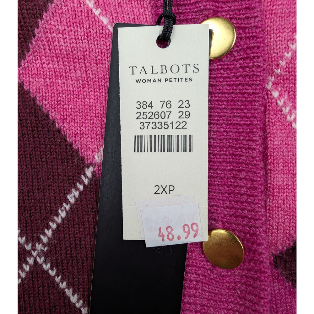 Talbots Merino Wool Cardigan Womens 2X Petite Pink Argyle Academia Preppy Layer - Picture 6 of 8